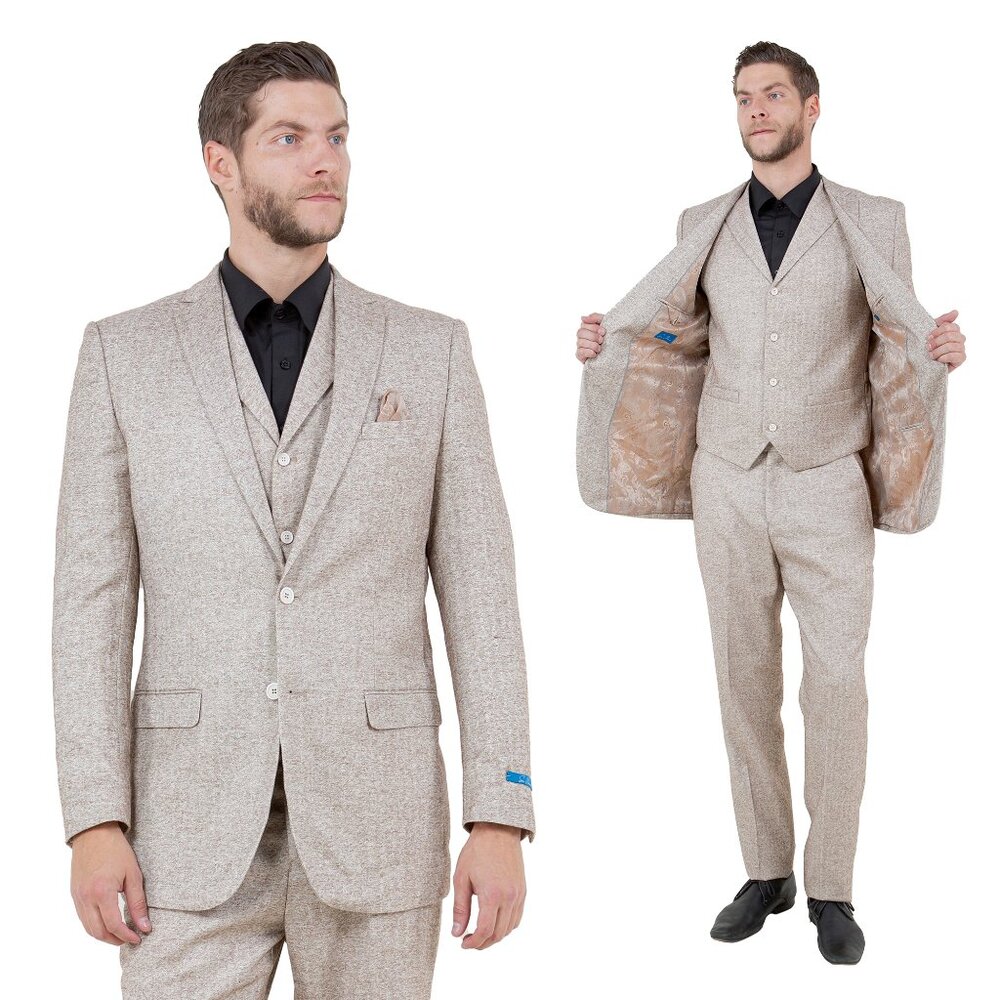Hybrid Fit Classic Tweed Beige Mens Suit by Sean Alexander - Picture 4 of 9